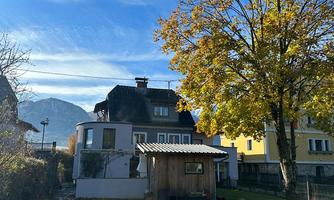 A quiet garden with a beautiful house and a large tree. The sky is blue and clear, perfect for a sunny day.