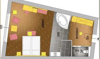 A floor plan sketch of an apartment with one bedroom, bathroom, and hallway. The furniture and rooms are shown schematically.
