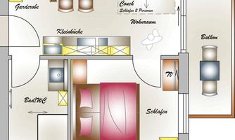 A floor plan sketch of an apartment with various rooms. Visible are a living area, a small kitchen, a bedroom, and a bathroom.