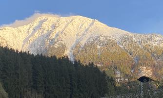 A majestic mountain with snow-capped peaks and colorful forests in the foreground. The sky is clear and illuminated in soft colors.
