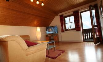 A cozy living room with a sofa, TV, and a balcony.  
Large windows let in lots of light and provide a beautiful view.