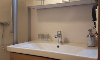A modern bathroom with a bright shower and a sink on a wooden cabinet. The space is tidy and well-lit.