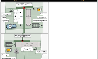 A detailed plan for parking spaces and supply and disposal stations. The plan shows various vehicle types, including caravans and trailers, as well as their arrangement.