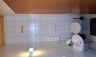 A simple bathroom with white tiles and a wooden ceiling. It contains a sink, a toilet, and a door.