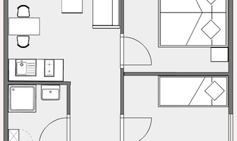 A simple floor plan drawing of an apartment with two bedrooms, a living room, and a bathroom. The rooms are functionally arranged.
