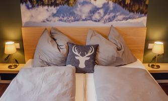 A cozy bedroom with a large bed and decorative pillows. In the background, there is a large picture of a picturesque landscape with mountains and a lake.