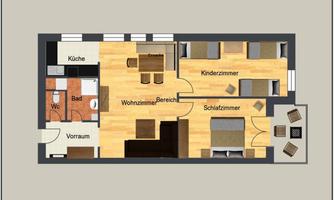 An apartment floor plan that shows the layout of the rooms. The rooms include a living/dining room, kitchen, bedroom, children's room, and a bathroom.
