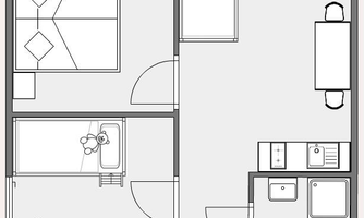 A floor plan with two bedrooms and one bathroom. The rooms are simply furnished and include a bed and furniture.