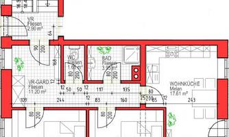 A floor plan of an apartment called "Schmalzer Alm". The rooms are clearly defined, including bedroom, living kitchen, and bathroom.