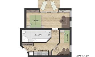 A floor plan sketch of an apartment with different rooms. The rooms include a bedroom, a bathroom, a small kitchen, and a living area.