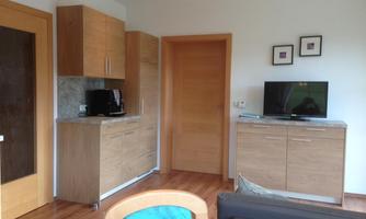 A modern apartment with wooden cabinets and a television. The bright atmosphere is highlighted by the window and the wooden floor.
