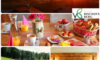 A beautiful sunset over the mountains. The image also shows a hearty breakfast and a cozy accommodation.
