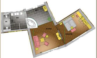 A floor plan of an apartment with two rooms. The plan shows a bathroom and a living area with a bedroom.