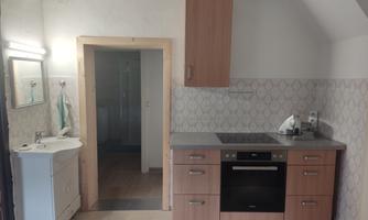 A modern kitchen with wooden cabinets and a gray countertop. In the background, there is a bathroom with a shower.