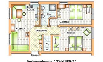 An overview of the floor plan of the vacation apartment "TAMBERG". It shows different rooms such as the kitchen, the bathroom, living areas, and bedrooms.