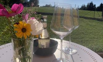 Flowers in a vase, glasses, and a bottle on a table outdoors. In the background, a green meadow can be seen.