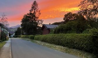 A quiet street with houses and bushes, while the sky glows in warm colors. The sunset creates a picturesque atmosphere.