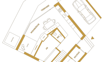 A modern floor plan drawing of a house with various rooms. The areas include a terrace, a living room, a toilet, and a kitchen.