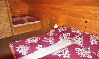 A cozy bedroom with wooden walls and two beds. The bedding has a blooming pattern in purple and white.