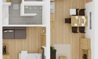 A modern apartment with open spaces. Featured are a living room, a dining area, and a kitchen with light wood floors.