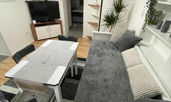 A modern living room with a gray sofa and a dining area. The room is bright and friendly with plants and a TV corner.