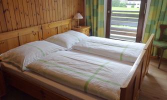 A cozy bedroom with a double bed and wooden walls. Large windows let in plenty of daylight and offer a view outside.