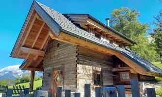 A beautiful wooden house with a sloping roof in a picturesque landscape. In the background, there are trees and a blue sky.