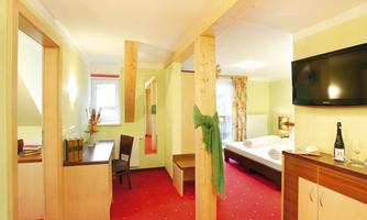 A modern hotel room with wooden details and a red carpet. There is a double bed, a cozy seating area, and a television on the wall.
