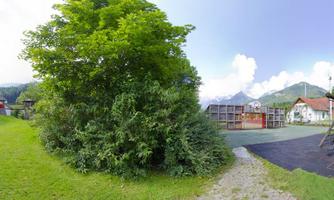 A playground in a green environment with plenty of grass and trees. In the background, there are playground equipment and a tranquil landscape.