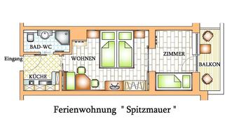 The image shows the floor plan of a vacation apartment called "Spitzmauer". The apartment includes a bathroom, a kitchen, a living area, a bedroom, and a balcony.