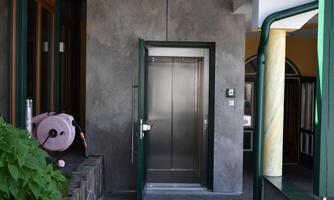 A modern elevator in an entrance. The walls are gray, with plants and a view of the interior.