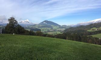 A wide, green meadow with mountains in the background. The sky is clear and blue, with some clouds.