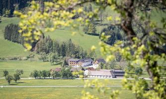 A green landscape with a farm and surrounding trees. In the background, gentle hills and a clear landscape can be seen.