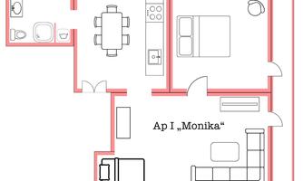 A simple floor plan drawing of an apartment with a bedroom, living room, and dining area. The rooms are clearly depicted and labeled with features such as kitchen and bathroom.