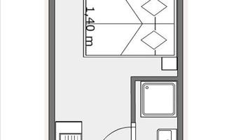 A layout with one bedroom, bathroom, and a small kitchen. The total area is 140 m².