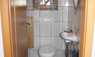 A small bathroom with a toilet and a sink. It has brightly tiled walls and a wooden frame around the door.