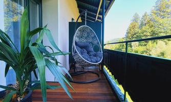A balcony with a cozy rocking chair and a green plant. The view shows a beautiful forest in the background.