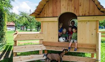 A group of children is sitting in a wooden house and smiling. In front of the house stands a little goat.