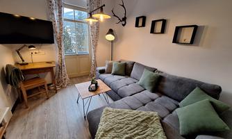 A cozy living room with a gray sofa and green cushions. There is a table, a lamp, and a window with a view of the outdoors.