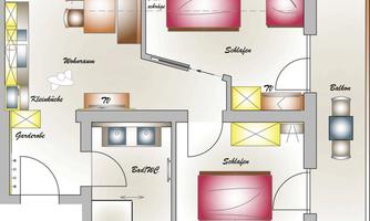 An apartment layout with two bedrooms, one bathroom, and a living area. The arrangement shows a cozy and practical room distribution.