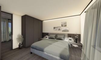 A modern bedroom with a large bed and minimalist design. The walls are light, and there are decorative pictures as well as windows that provide natural light.