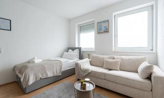 A bright room with a single bed and a comfortable sofa. The windows let in plenty of natural light.