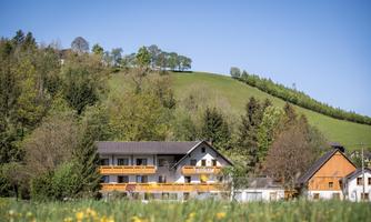 A picturesque house in a green landscape. In the background, gentle hills and trees can be seen.
