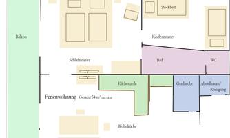 A floor plan of a holiday apartment with several rooms, including a bedroom, children's room, kitchen, and bathroom. The total area is 54 m².