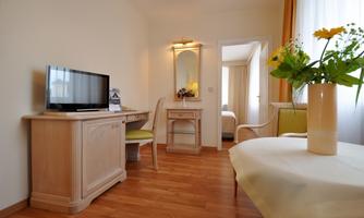 A bright room with wooden flooring and modern furniture. A television and a small table with flowers decorate the space.
