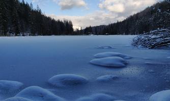 A frozen lake under a clear sky with some clouds. Surrounded by snow-covered trees and gentle snow hills.