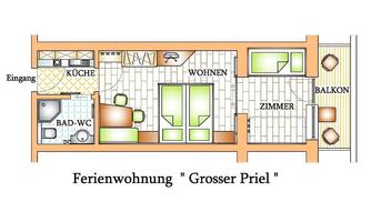 A floor plan of the holiday apartment "Grosser Priel". The apartment includes a kitchen, a living area, a room, a bathroom, and a balcony.