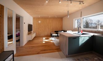 A modern living room with wood-paneled walls and large windows. The open kitchen is bright and welcoming, with a cozy seating area.