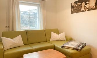 A cozy living room with a green sofa and a wooden table. The windows let in plenty of light, and there are decorative cushions.