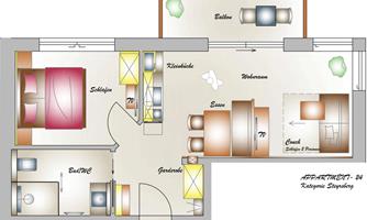 A schematic representation of an apartment with various rooms. The bedroom, living room, dining area, and kitchen are visible.